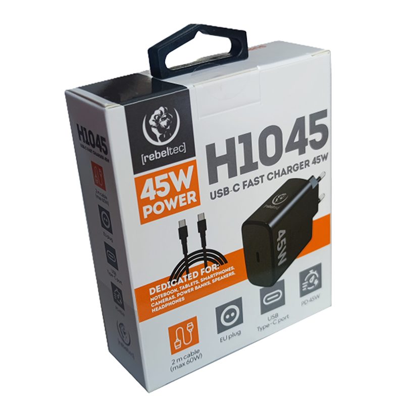 Rebeltec H1045 Wall Charger 45W with cable USB-C to USB-C 2m black - Billede 2