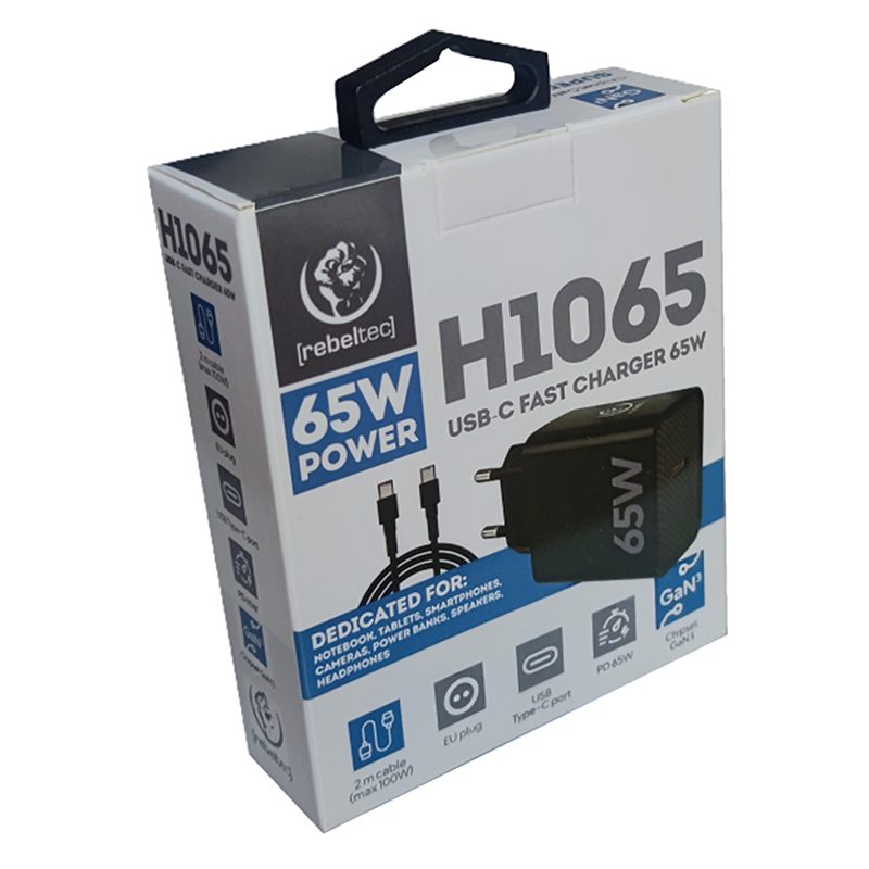 Rebeltec H1065 Wall Charger 65W with cable USB-C to USB-C 2m black - Billede 2