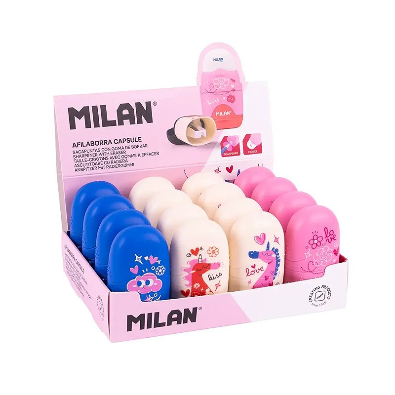 MILAN Flowicorn Capsule Blyantspidser og Viskelæder 16 Pack Display