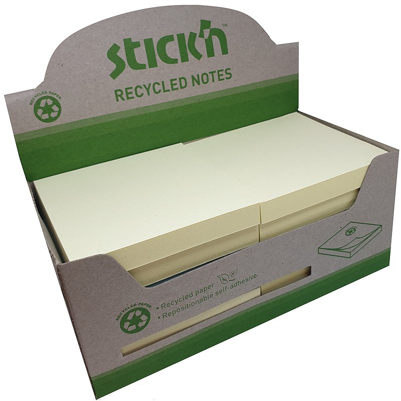 Notesblok 100% Genbrugt 76x76mm 100 Blad 12 Pakke Assorteret