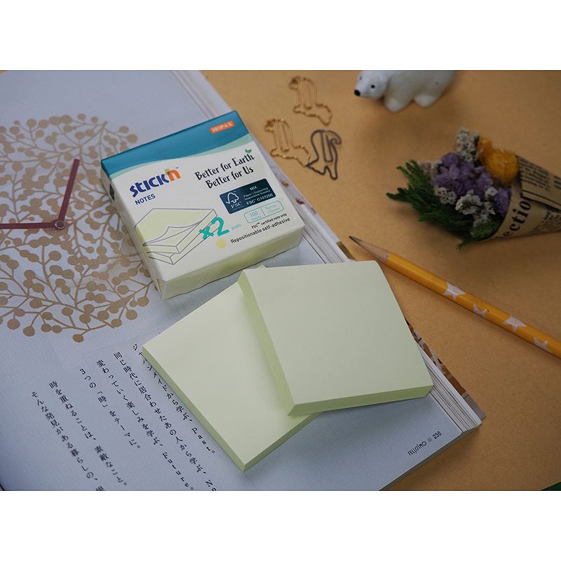 Notepad FSC 76x76 100 ark 2 pakker Pastelgul Kartonomslag