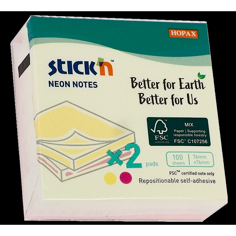 Notepad FSC 76x76 100 ark 2 pakker Assorteret Neon Kartonomslag - Billede 2
