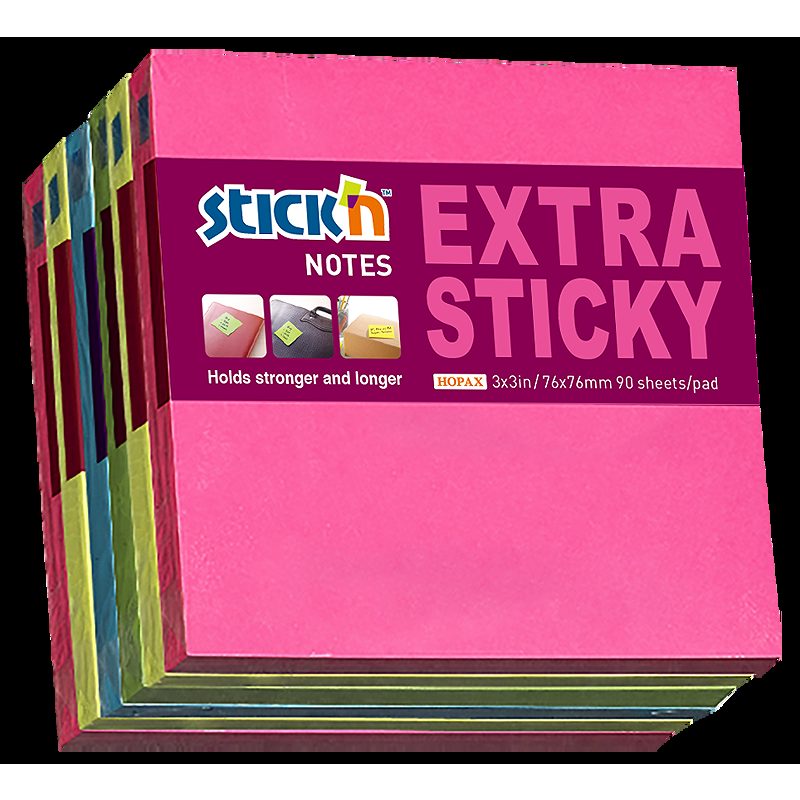 Notesblokke Extra Sticky 76x76 mm 90 ark 6-pak Neon Assorteret 4 Farver