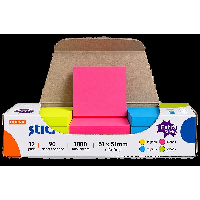 Notes Extra Sticky 51x51mm 90 Ark 12-pak Neon Assorterede 4 Farver