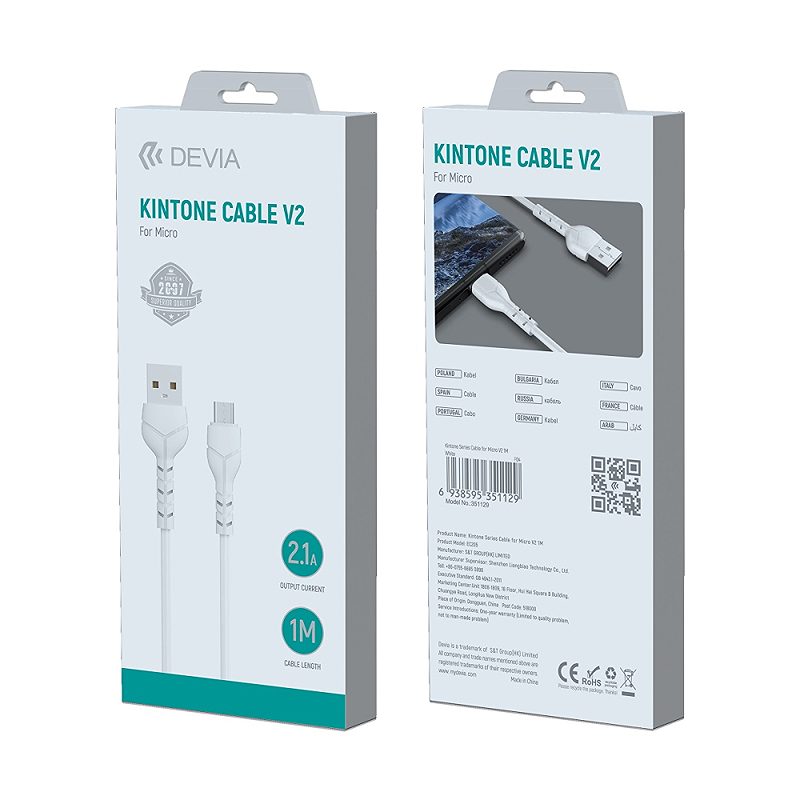 Devia cable Kintone EC144 USB - MicroUSB 1,0 m 2,1A white - Billede 4