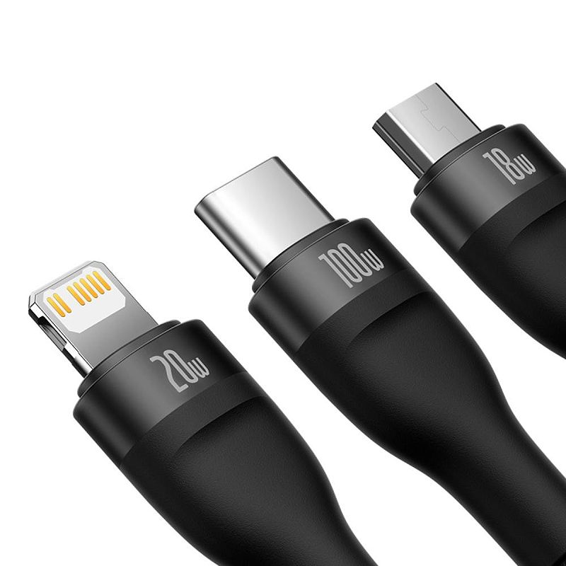 Baseus cable 3in1 Flash II USB + USB-C - Lightning + USB-C + microUSB 1,5 m 3,5A black 100W - Billede 3