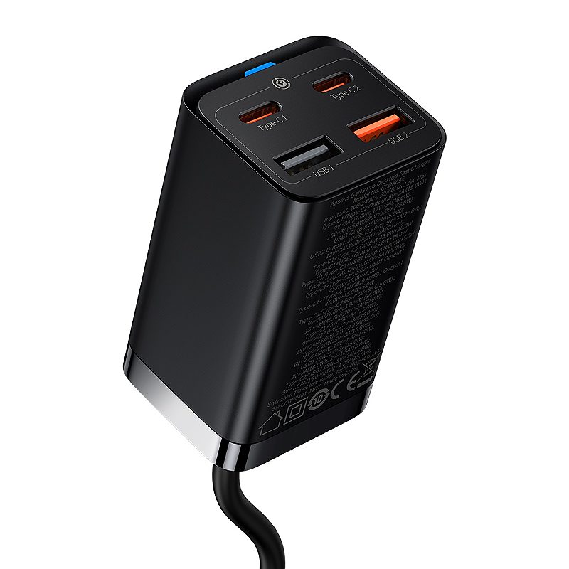 Baseus wall charger GaN3 Pro PD 65W 2x USB-C 2x USB black + USB-C - USB-C cable - Billede 2