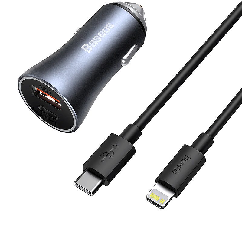 Baseus car charger Golden Contactor Pro 1x USB 1x USB-C QC 40W black + cable Lightning - USB-C - Billede 2