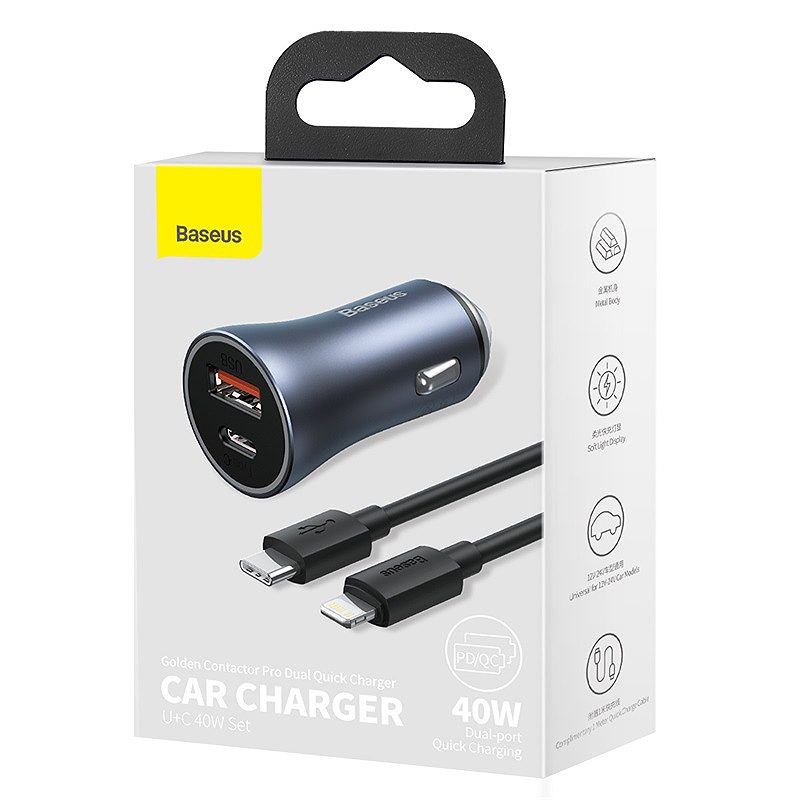Baseus car charger Golden Contactor Pro 1x USB 1x USB-C QC 40W black + cable Lightning - USB-C - Billede 4