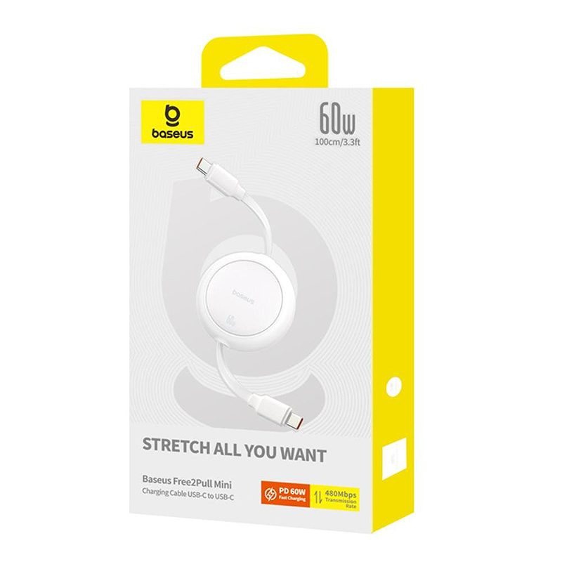 Baseus Free2Pull Mini Charging Cable USB-C to USB-C 60W 1m Moon White - Billede 4