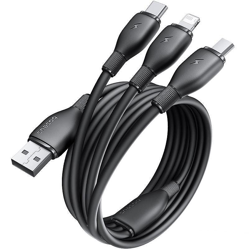 Baseus Ultra-Fast One-for-Three Fast Charging Cable USB-A to M+L+C 3.5A 0.8m Cosmic Black - Billede 5