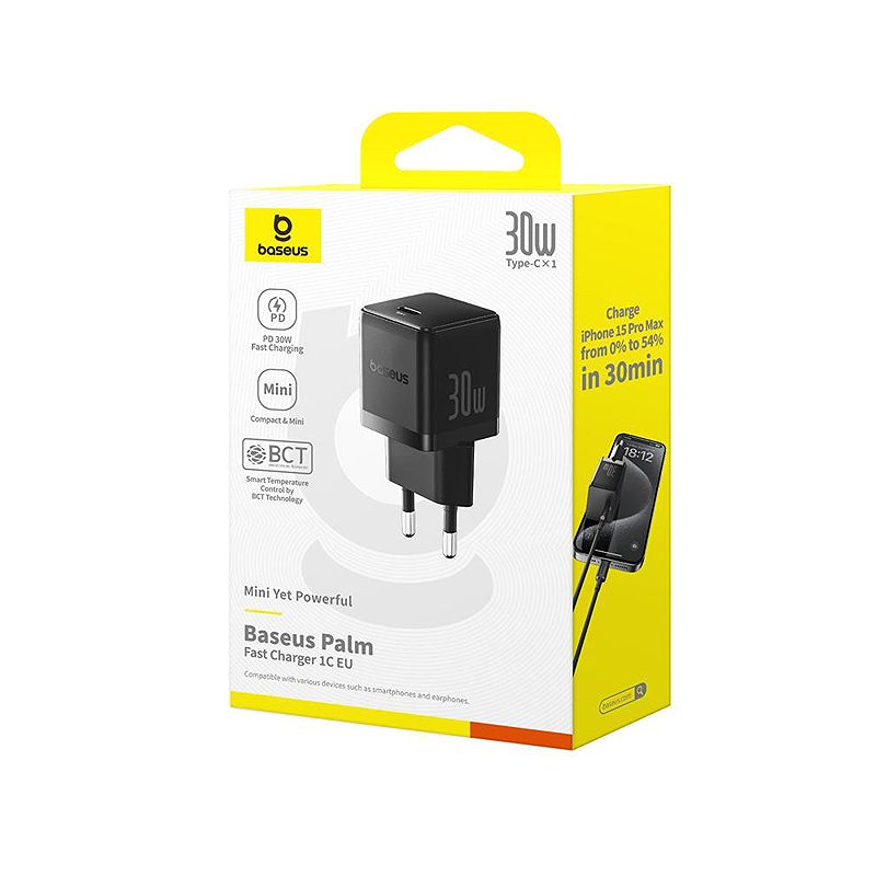 Baseus Palm Fast Charger Wall Charger 30W 1×USB-C EU Cluster Black - Billede 4