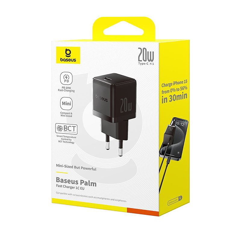 Baseus Palm Fast Charger Wall Charger 20W 1×USB-C EU Cluster Black - Billede 4