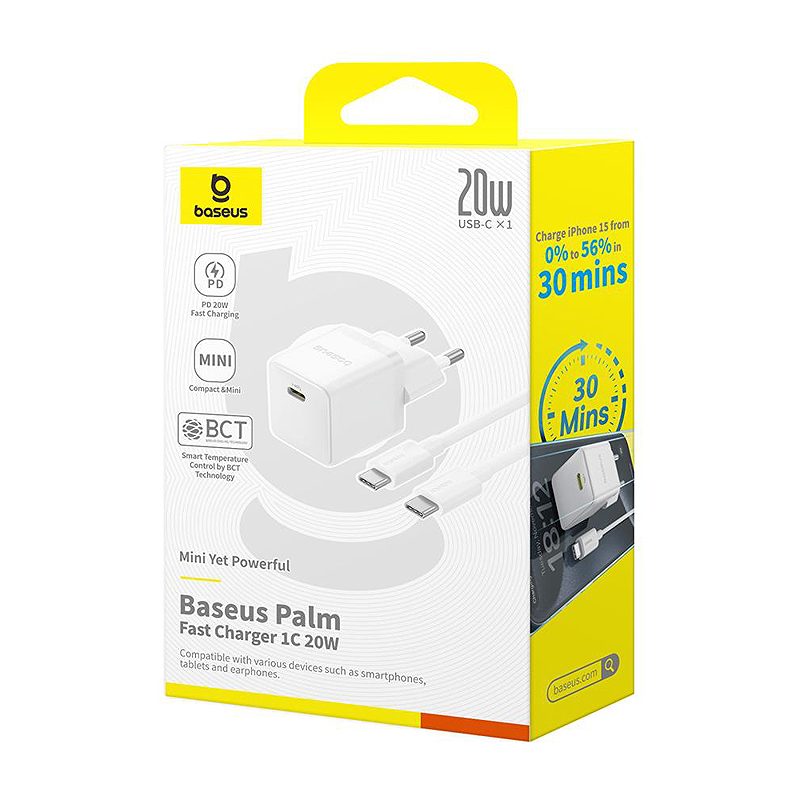 Baseus Palm Fast Charger Wall Charger 20W 1×USB-C Wall Charger + Cable Moon White - Billede 4