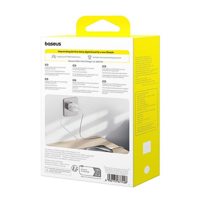 Baseus Palm Fast Charger Wall Charger 20W 1×USB-C Wall Charger + Cable Moon White - Billede 5