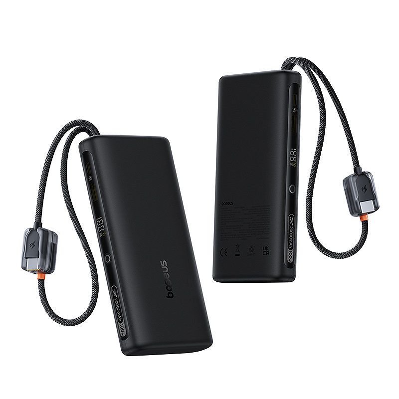 Baseus digital display power bank with dual built-in usb-c cables 20000mAh 100W Cosmic Black