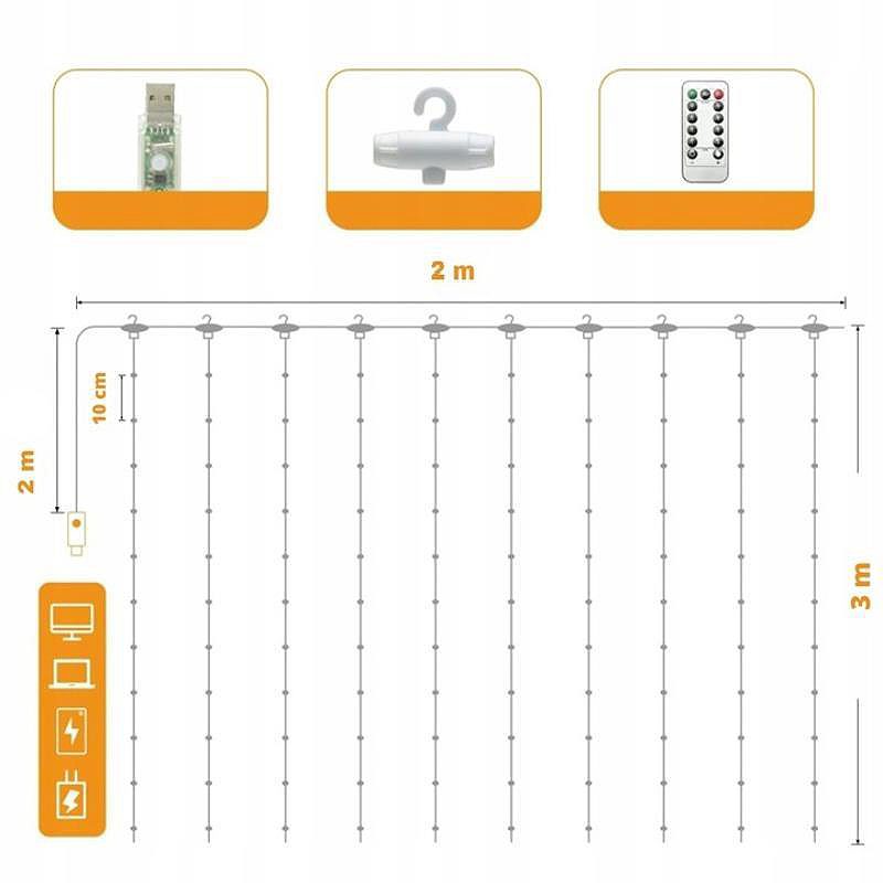 LED CURTAIN (100 LED LAMPS) 3Mx1M WARM WHITE - Billede 2
