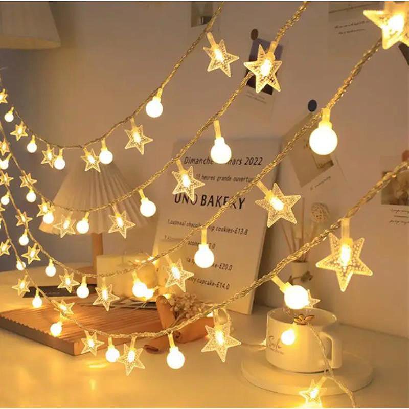 LED GARLAND 1,5M (10 LED LAMPS) USB BALCONY STARS + BALLS WARM WHITE - Billede 3