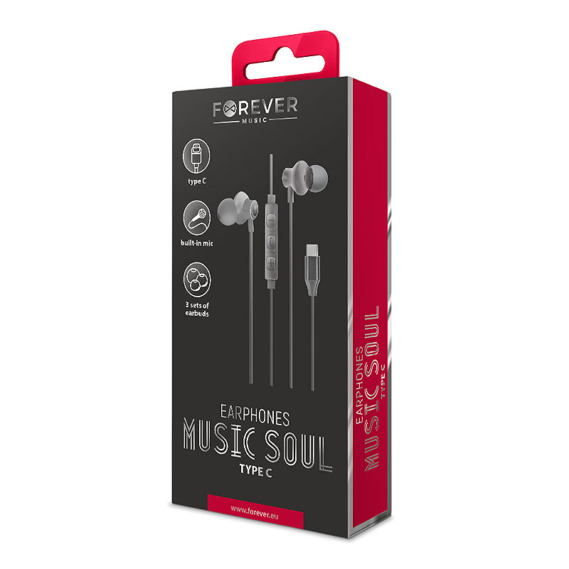 Forever wired earphones Music Soul USB-C black with microphone - Billede 2