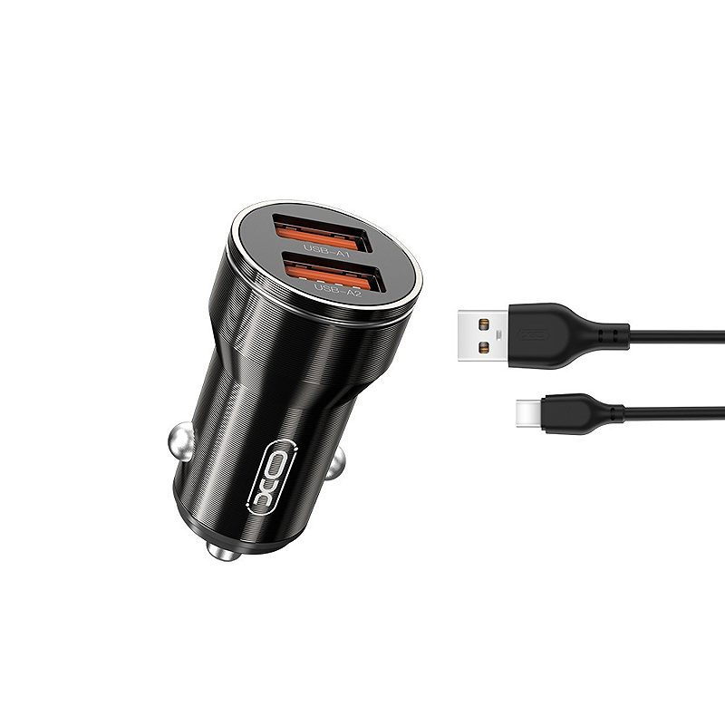 XO car charger CC48 2x USB 2,4A black + USB-C cable