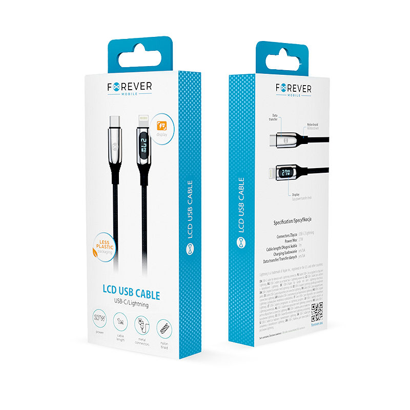 Forever LCD cable USB-C - Lightning 1,0 m 27W black - Billede 4