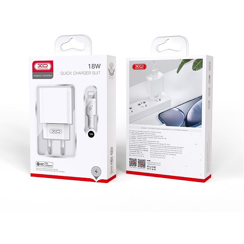 XO wall charger CE02D QC 3.0 18W 1x USB white + USB-C cable - Billede 4