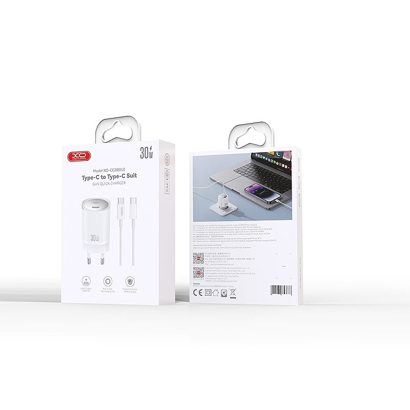 XO wall charger CE20 PD 30W 1x USB-C white + cable USB-C - USB-C - Billede 4