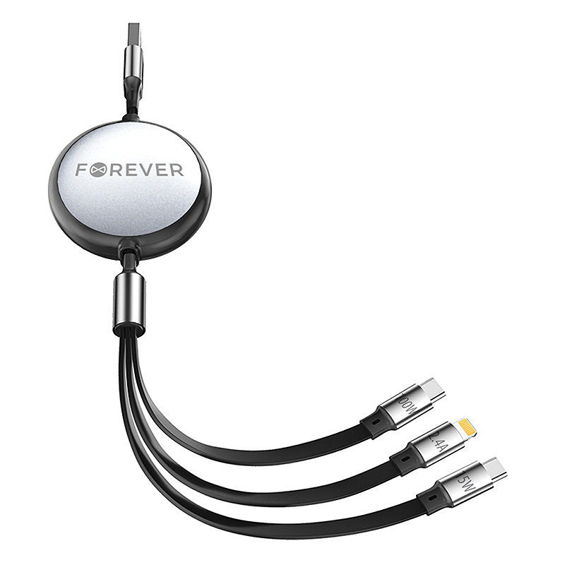 Forever 3in1 cable USB - Lightning + 2x USB-C 1,2 m 100W black - Billede 2