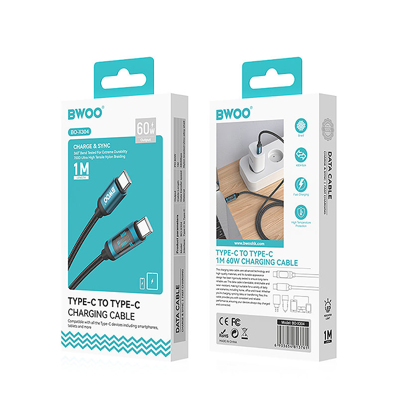 BWOO USB-C - USB-C cable 1m 60W with LED display, braided, black - Billede 4