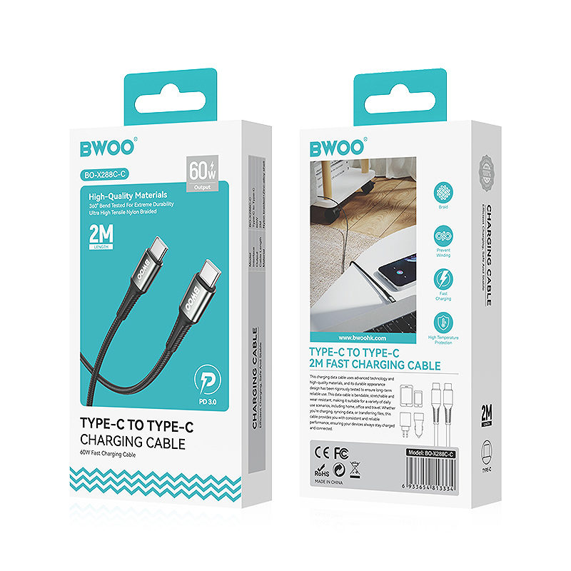 BWOO Braided Cable USB-C - USB-C 2m 60W black - Billede 4