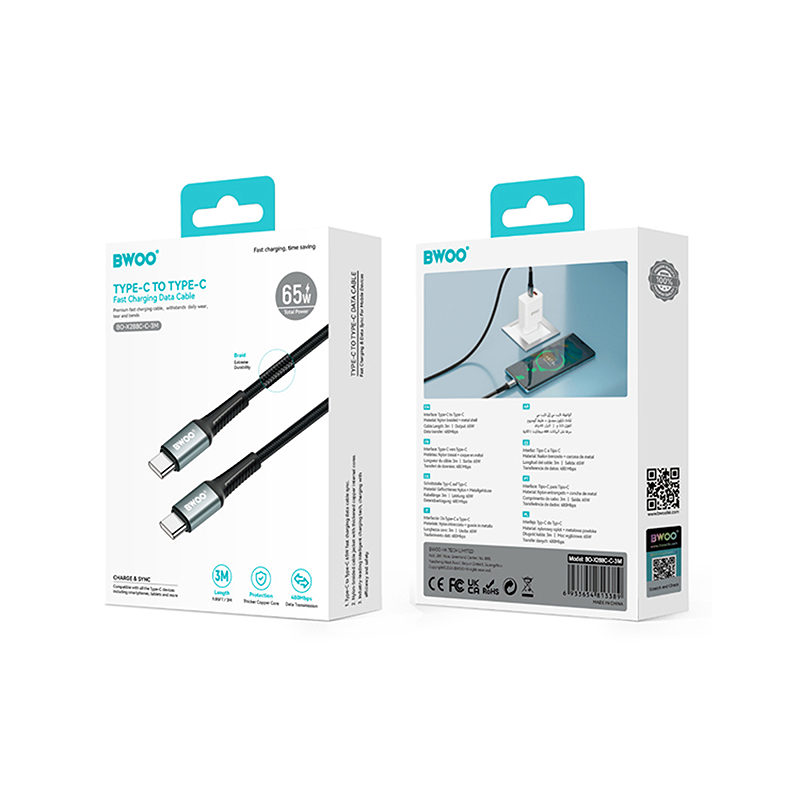 BWOO Braided Cable USB-C - USB-C 3m 60W black - Billede 4