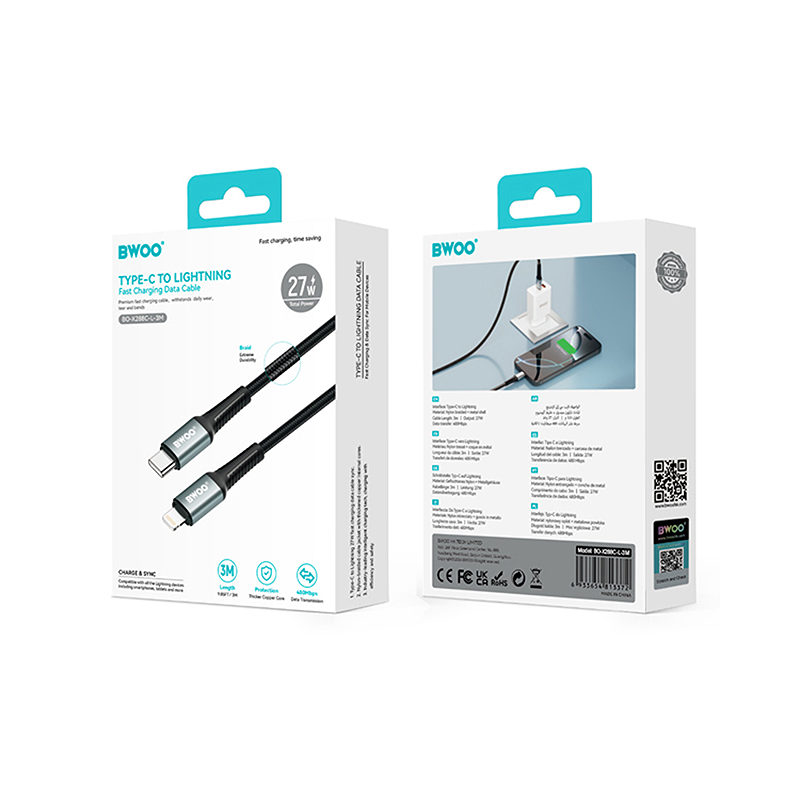 BWOO Braided Cable USB-C - Lightning 3m 30W black - Billede 5