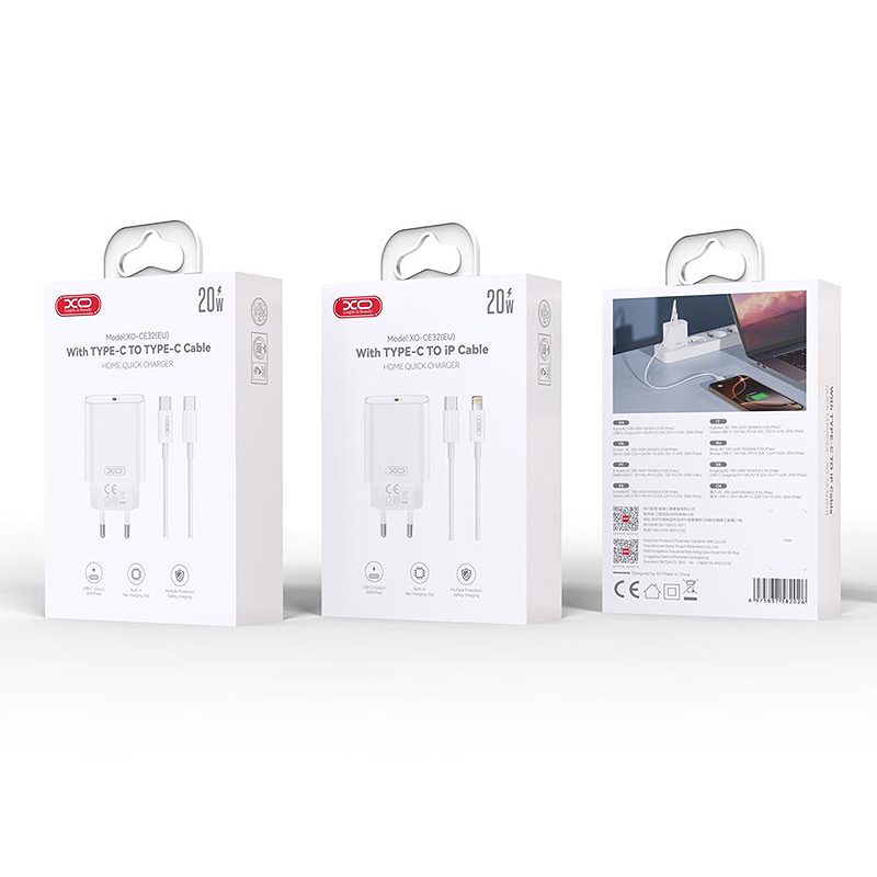 XO wall charger CE32 PD 20W 1x USB-C white + USB-C - USB-C cable - Billede 3