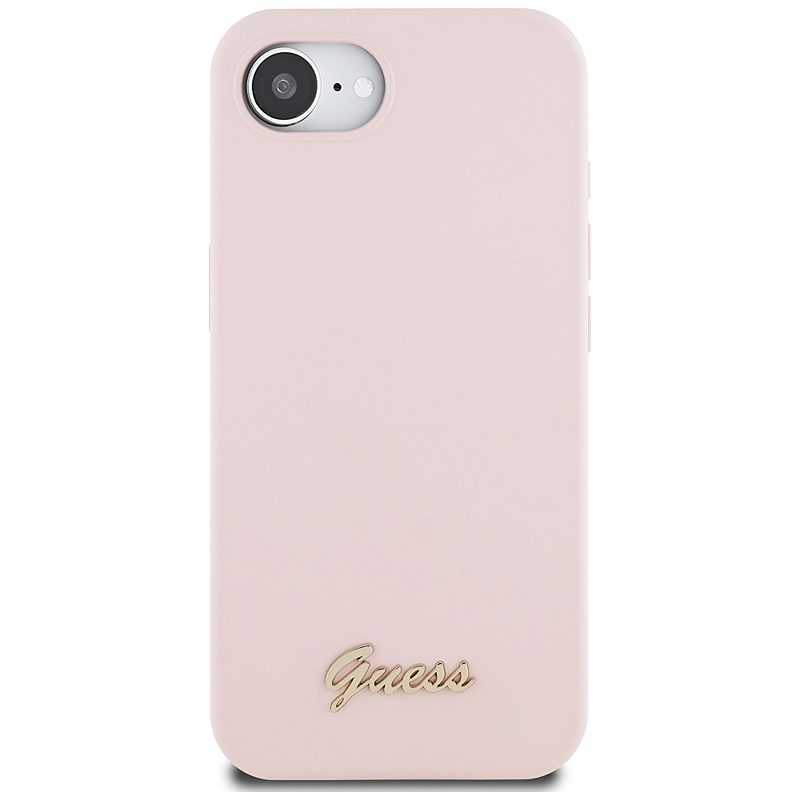 Guess HC Silicone Script Metal Logo Case for iPhone 16e Pink - Billede 3