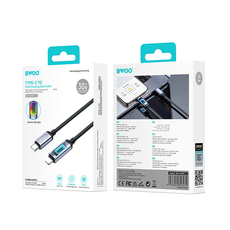 BWOO X324CL braided fast charging cable with light display PD 27W USB-C - Lightning - Billede 4