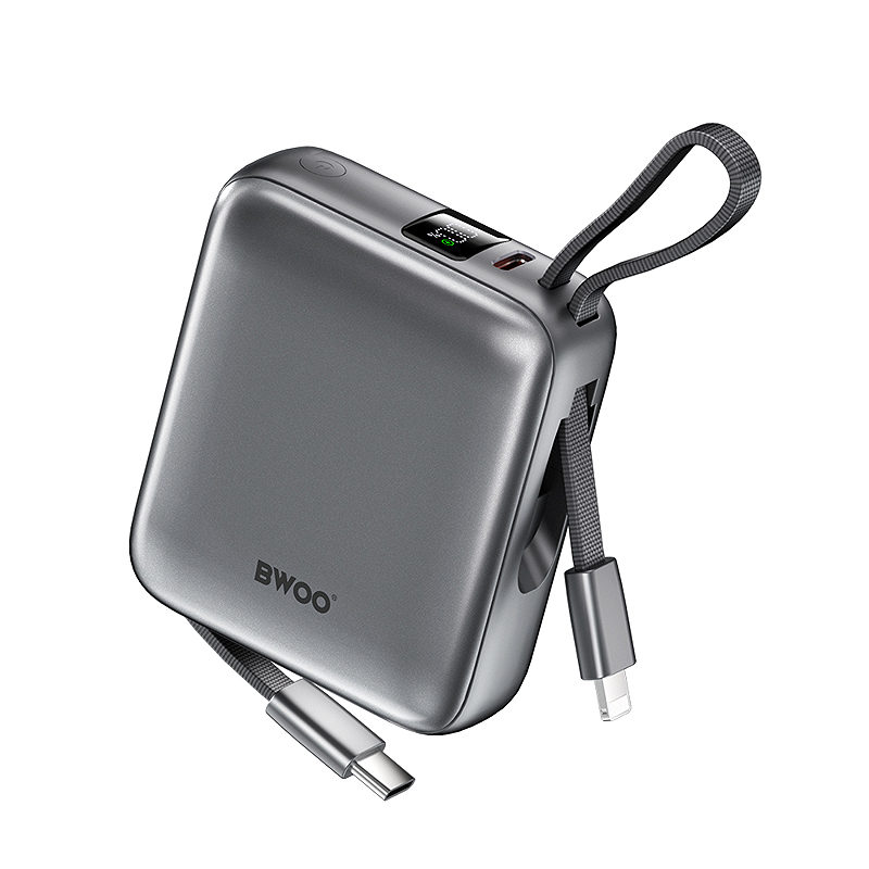 BWOO power bank P74 22.5W 10000 mAh with 2 built-in cables 1 x USB-C  1 x Lightning black