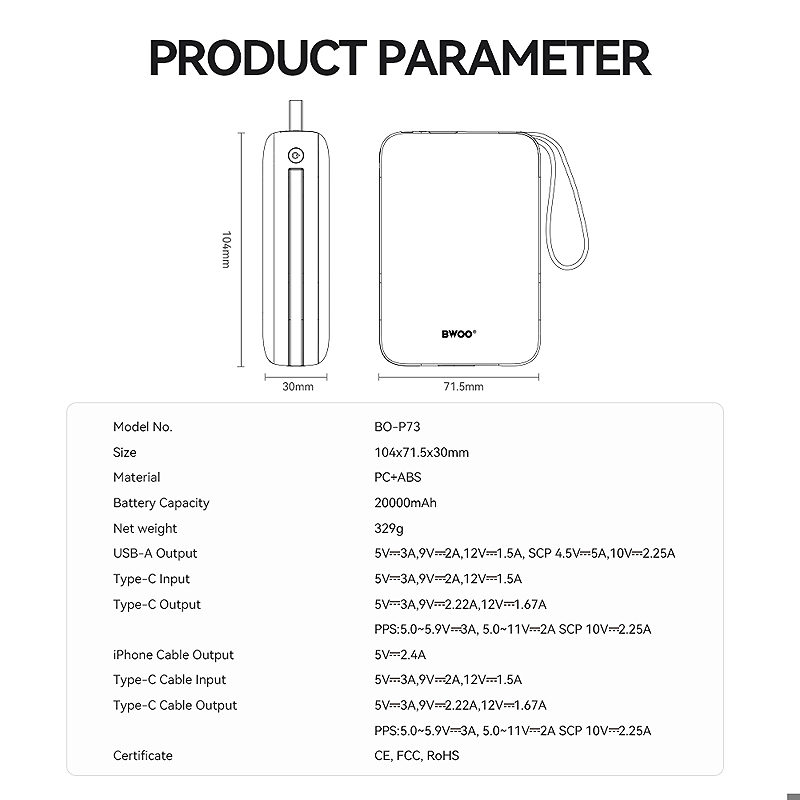 BWOO power bank P73 22.5W 20000 mAh with 2 built-in cables 1 x USB-C 1 x Lightning black - Billede 3