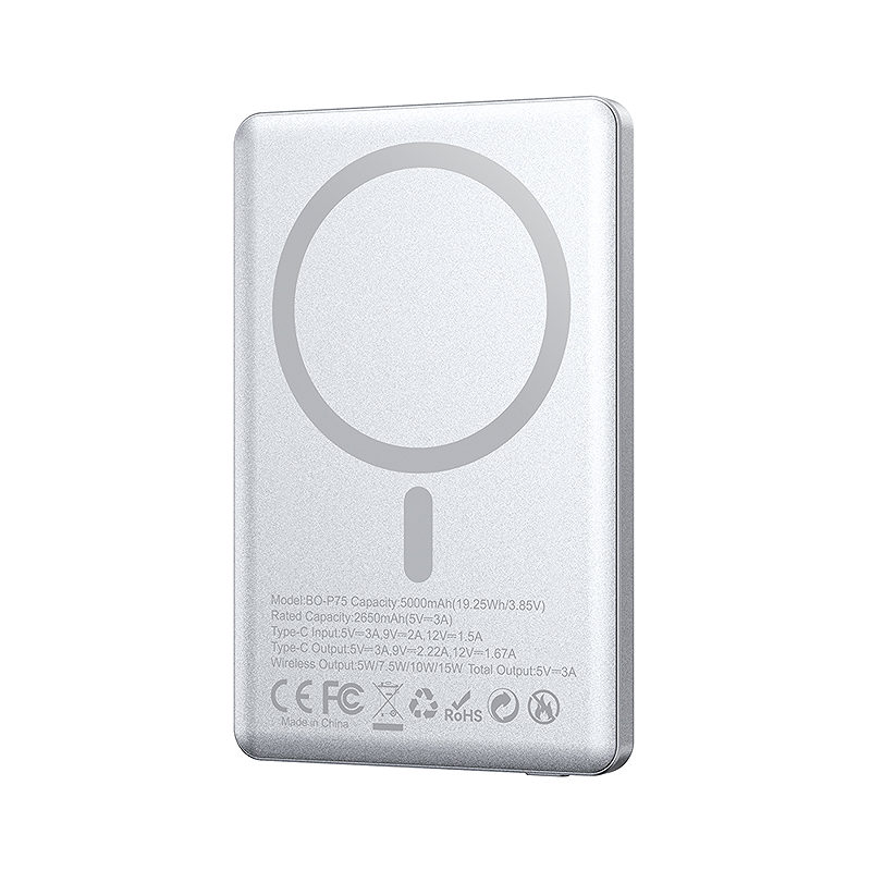 BWOO aluminium magnetic power bank P75 PD 20W 5000 mAh with digital display and USB-C port silver - Billede 2