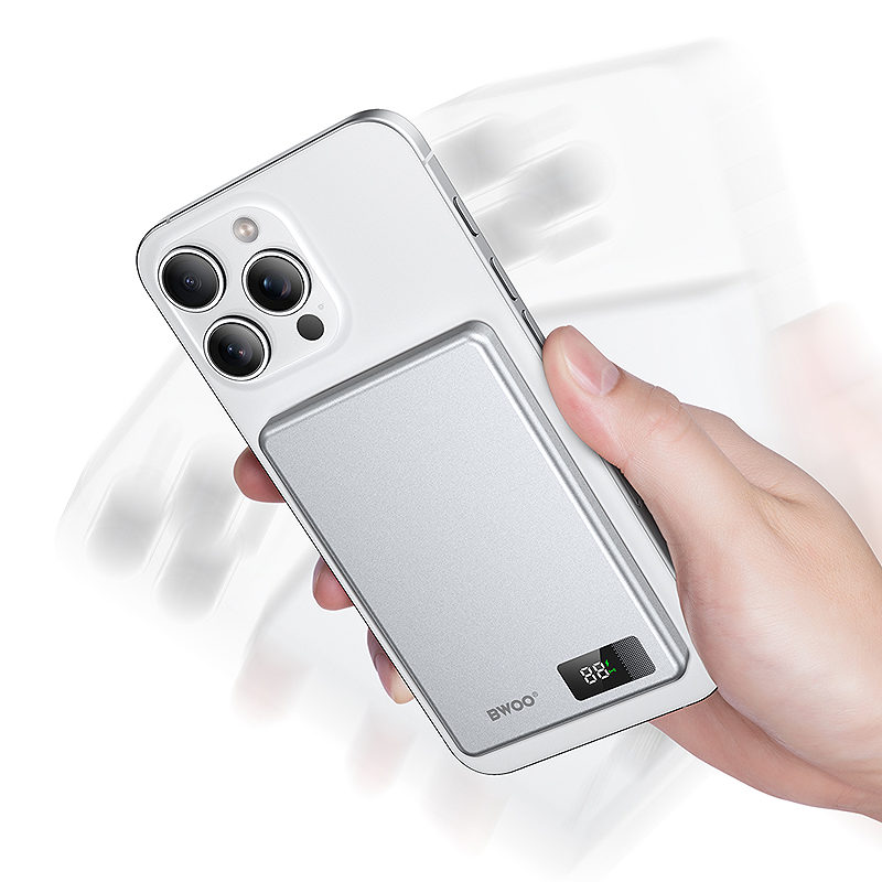 BWOO aluminium magnetic power bank P75 PD 20W 5000 mAh with digital display and USB-C port silver - Billede 4