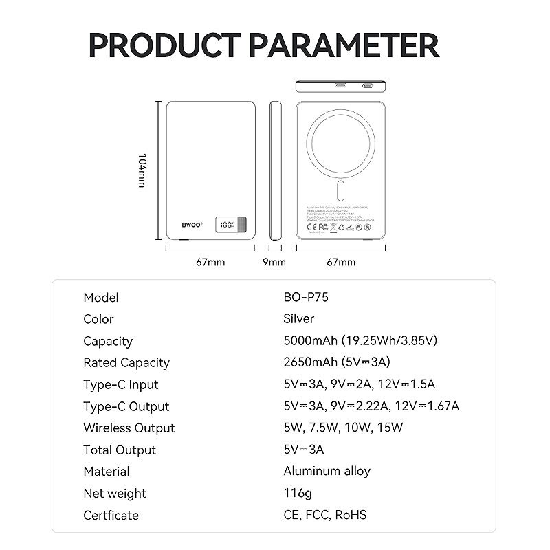 BWOO aluminium magnetic power bank P75 PD 20W 5000 mAh with digital display and USB-C port silver - Billede 5
