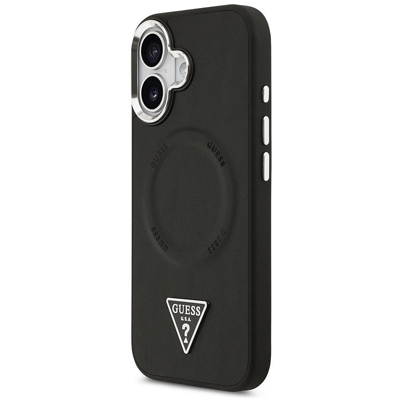 Guess Case Magsafe PU Leather Case With Triangle Logo Silver Metal Camera Frame For iPhone 17 Black - Billede 2