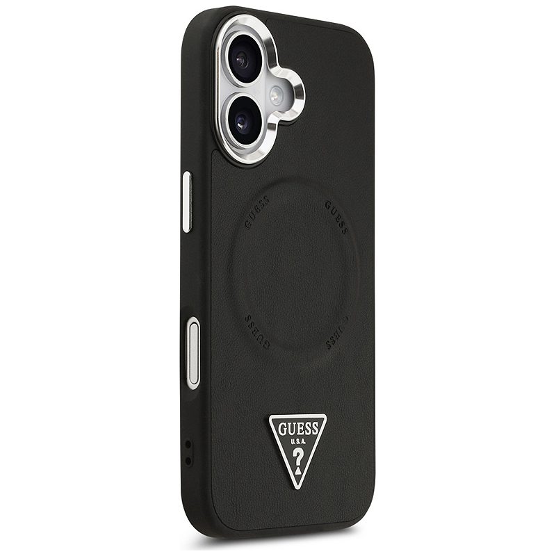 Guess Case Magsafe PU Leather Case With Triangle Logo Silver Metal Camera Frame For iPhone 17 Black - Billede 4