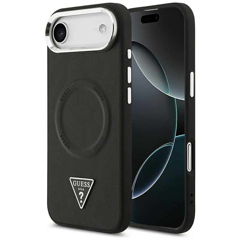 Guess Case Magsafe PU Leather Case With Triangle Logo Silver Metal Camera Frame For iPhone 17 Air Black