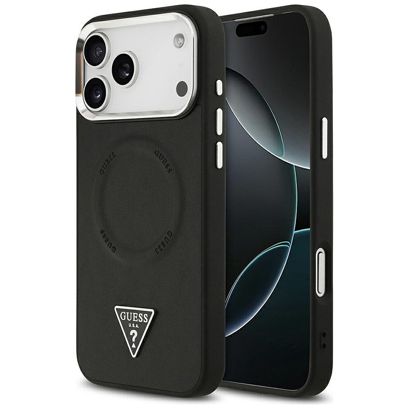 Guess Case Magsafe PU Leather Case With Triangle Logo Silver Metal Camera Frame For iPhone 17 Pro Black