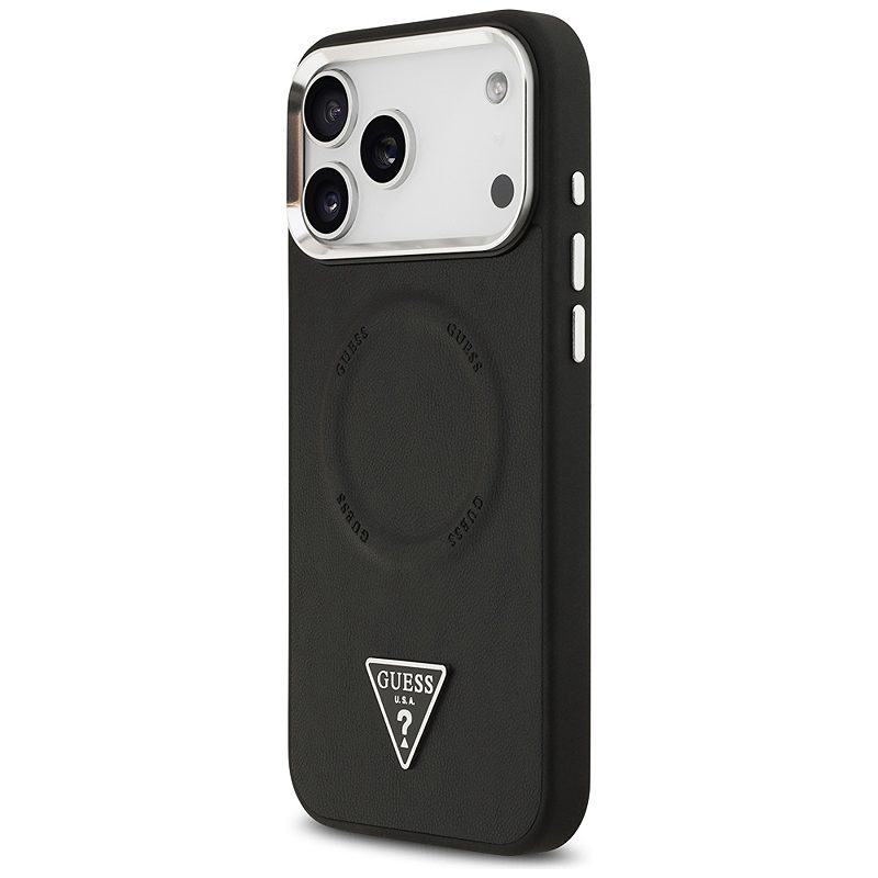 Guess Case Magsafe PU Leather Case With Triangle Logo Silver Metal Camera Frame For iPhone 17 Pro Max Black - Billede 2