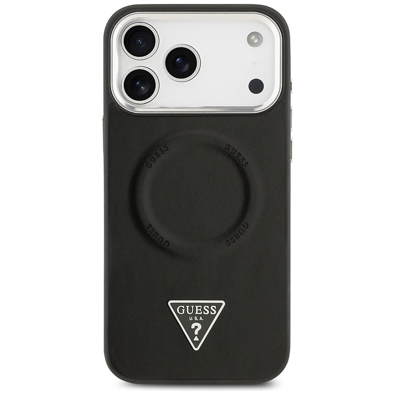 Guess Case Magsafe PU Leather Case With Triangle Logo Silver Metal Camera Frame For iPhone 17 Pro Max Black - Billede 3