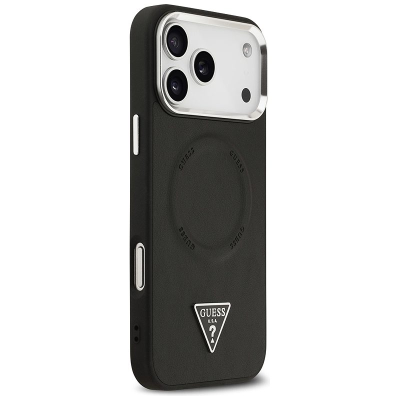 Guess Case Magsafe PU Leather Case With Triangle Logo Silver Metal Camera Frame For iPhone 17 Pro Max Black - Billede 4