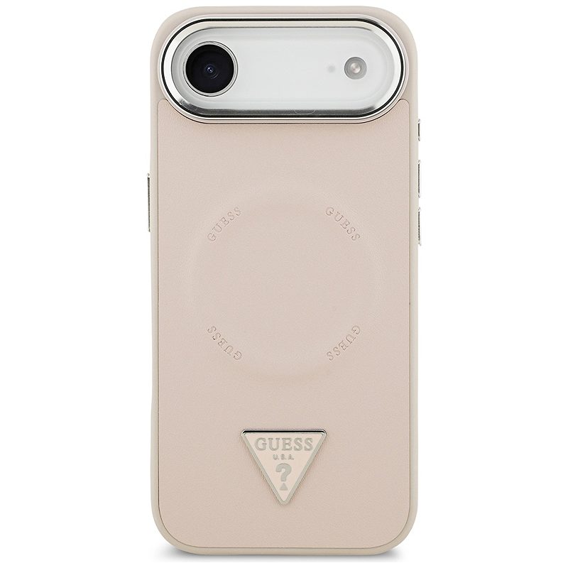 Guess Case Magsafe PU Leather Case With Triangle Logo Silver Metal Camera Frame For iPhone 17 Air Pink - Billede 3