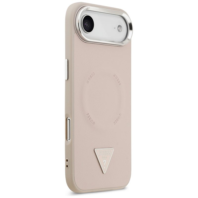 Guess Case Magsafe PU Leather Case With Triangle Logo Silver Metal Camera Frame For iPhone 17 Air Pink - Billede 4