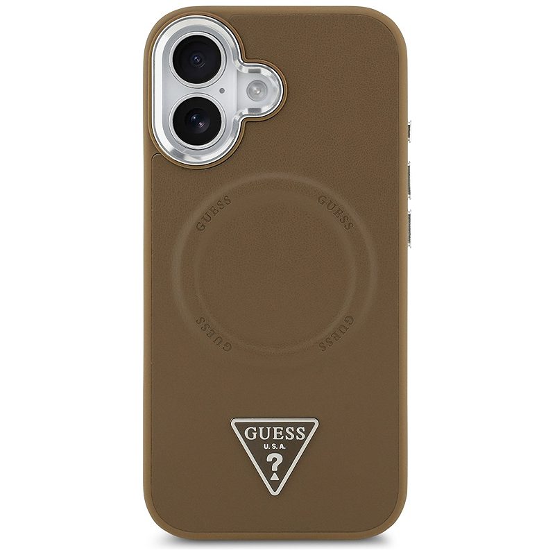 Guess Case Magsafe PU Leather Case With Triangle Logo Silver Metal Camera Frame For iPhone 17 Brown - Billede 3